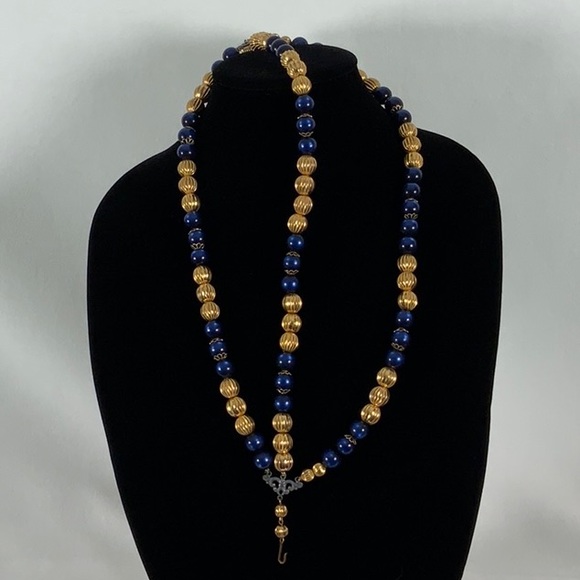 Vintage Bead Necklace Sapphire Blue Moon Glow and Gold - Clip Cluster Earrings - Picture 9 of 14